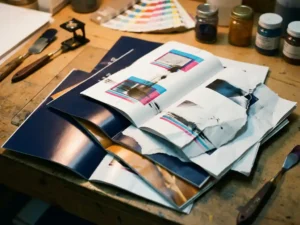 Stapel glanzende brochures met drukfouten op professionele werkplek, omringd door drukgereedschap en kleurstalen