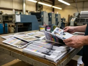Stapel glanzende brochures met drukfouten zoals kleurverschuiving en inktvlekken op professionele drukkerijwerkbank