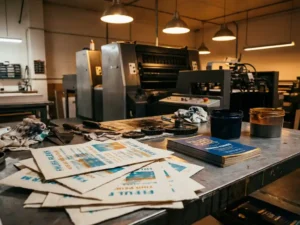 Stapel folders met drukfouten op professionele drukkerij werkplek, contrasterende kwaliteit onder warme industriële verlichting