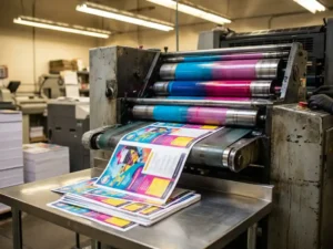 Industriële drukpers met cyan en magenta inktrollen in beweging, kleurrijke flyers vallen op roestvrijstalen tafel