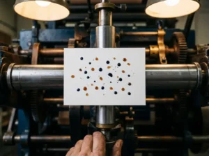 Witte flyer op professionele drukpers met inktdruppels, warme industriële verlichting en zachte schaduwen