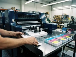 Heidelberg drukpers voert witte flyers door walsen terwijl gekleurde stapels zich verzamelen op stalen opvangbak