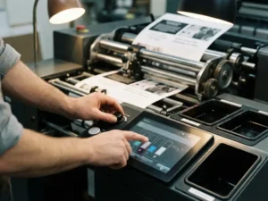 Handen van een drukker die zwarte inktdichtheid instelt op moderne drukpersbediening, witte flyers door chromen rollen