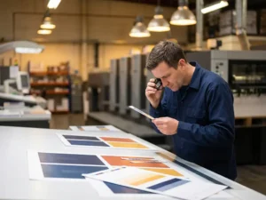 Drukker controleert kleurenstroken met vergrootglas op witte inspectietafel, gedrukte vellen met kleurvariaties verspreid