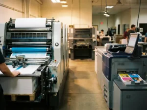 Grote industriële offsetdrukpers met metalen rollen en cyaan inkt naast compacte digitale printer in professionele drukkerij
