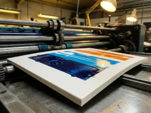 Vierkante promotieflyer op professionele drukpers met glanzende inkt en industriële drukrollen op achtergrond