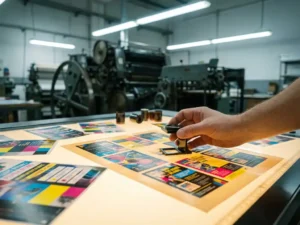 Digitale proefdruk met levendige flyer-ontwerpen op professionele lichttafel, vergrootglas en kleurrijke testafdrukken