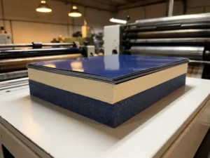 Stapel drukwerk met verschillende afwerkingstechnieken op witte drukpers, van glanzend gelamineerd tot getextureerd ongecoat papier