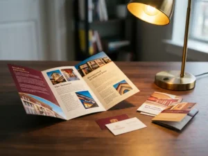 Tri-fold brochure met levendige kleuren ligt opengevouwen op walnotenhouten bureau naast visitekaartjes en flyers onder warme bureaulamp