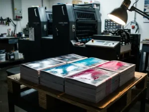 Stapel glanzende brochures met verse inkt onder heldere werkplaatsverlichting, industriële Heidelberg drukmachine op achtergrond