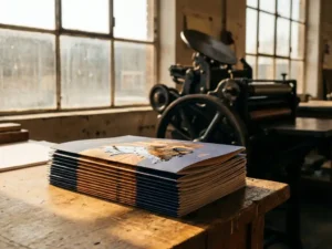 Stapel kleurrijke brochures op traditionele Nederlandse drukpersworkbank met zonlicht door industriële ramen