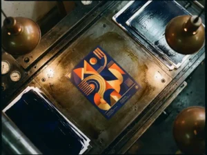 Kleurrijke flyer op professionele drukpers met vers gedrukte vellen en glanzende inkt, marineblauw en oranje accenten