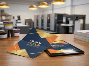 Gedrukte flyer met levendige kleuren ligt gedeeltelijk over tablet met hetzelfde ontwerp op eiken bureau in professionele drukkerij