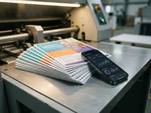 Stapel kleurrijke flyers op moderne drukpers met smartphone die digitaal marketingdashboard toont, warme industriële verlichting