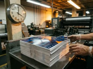 Stapel kleurrijke promotiemateriaal op drukpers met glanzende inkt, industriële verlichting en klok op achtergrond