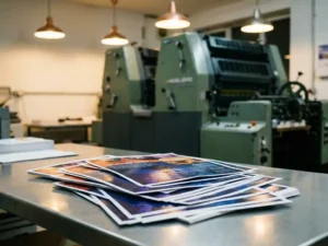 Stapel kleurrijke promotiemateriaal vers van professionele drukpers met glanzende inkt op industriële werkplek