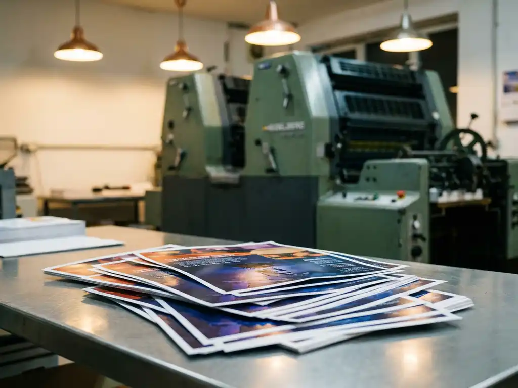 Stapel kleurrijke promotiemateriaal vers van professionele drukpers met glanzende inkt op industriële werkplek