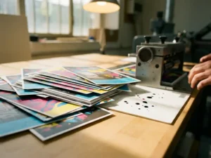 Stapel kleurrijke folders van professionele drukpers op wit werkblad met inktdruppels en warme werkplaatsverlichting