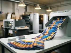 Kleurrijke gedrukte flyers in waaiervorm op professionele drukpers werkplek met moderne drukapparatuur op achtergrond