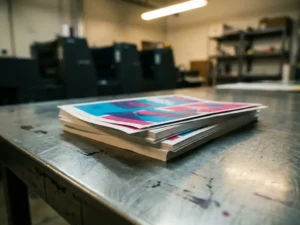 Stapel kleurrijke promotieflyers op metalen druktafel met cyaan en magenta inktrestjes in professionele drukkerij