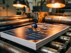 Stapel kleurrijke promotieflyers op professionele drukpers met blauwe inktdruppel zwevend boven papier, warme industriële verlichting