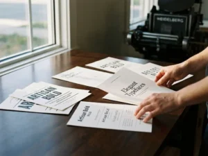 Elegante gedrukte flyers met verschillende lettertypen verspreid over een gepolijst houten bureau, verlicht door natuurlijk daglicht