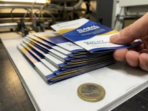 Gestapelde driekleurige brochures op witte drukpers met euromunt voor schaalreferentie, vingers houden bovenste brochure vast