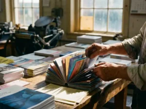 Handen van drukker tellen stapel kleurrijke brochures op houten werktafel in werkplaats met natuurlijk licht