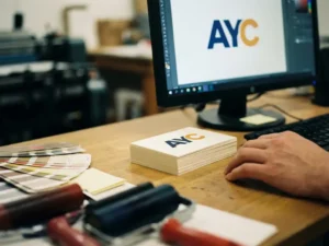 Gedrukte visitekaartjes met levendig logo naast computermonitor op professionele drukkerij werkbank met inktrollen en kleurstalen