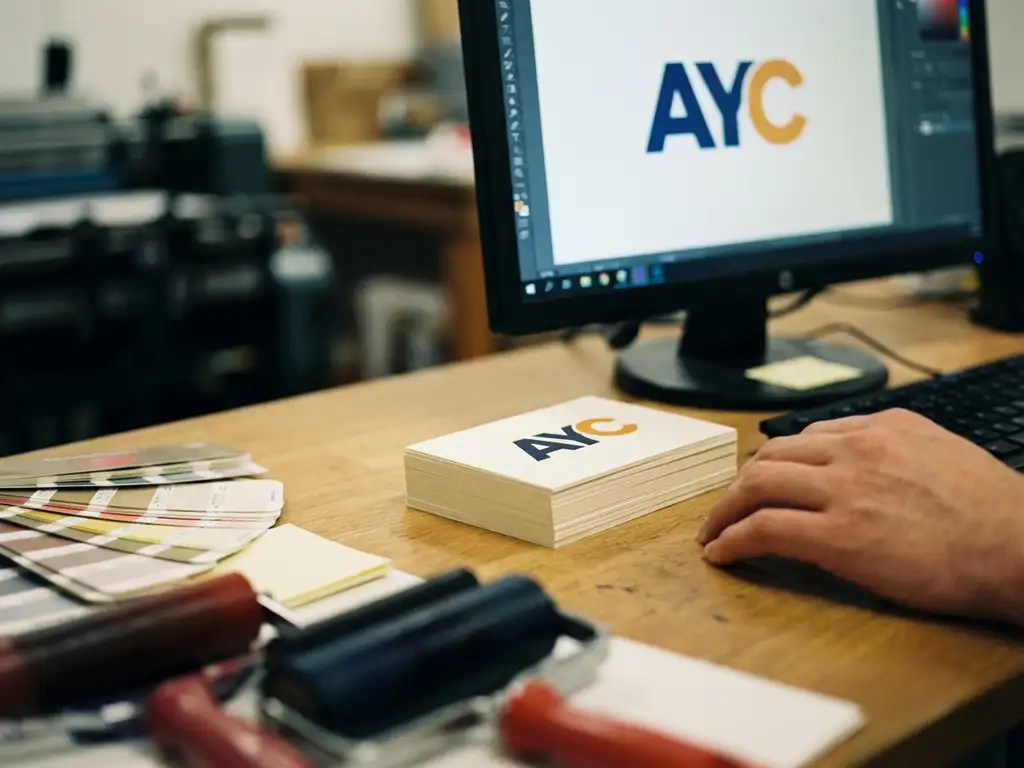 Gedrukte visitekaartjes met levendig logo naast computermonitor op professionele drukkerij werkbank met inktrollen en kleurstalen