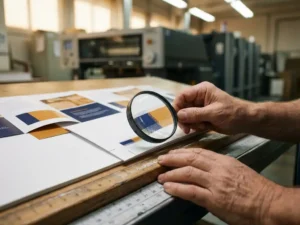 Drukker inspecteert kleurverschillen op verse brochure met vergrootglas op professionele kwaliteitscontrole werkplek