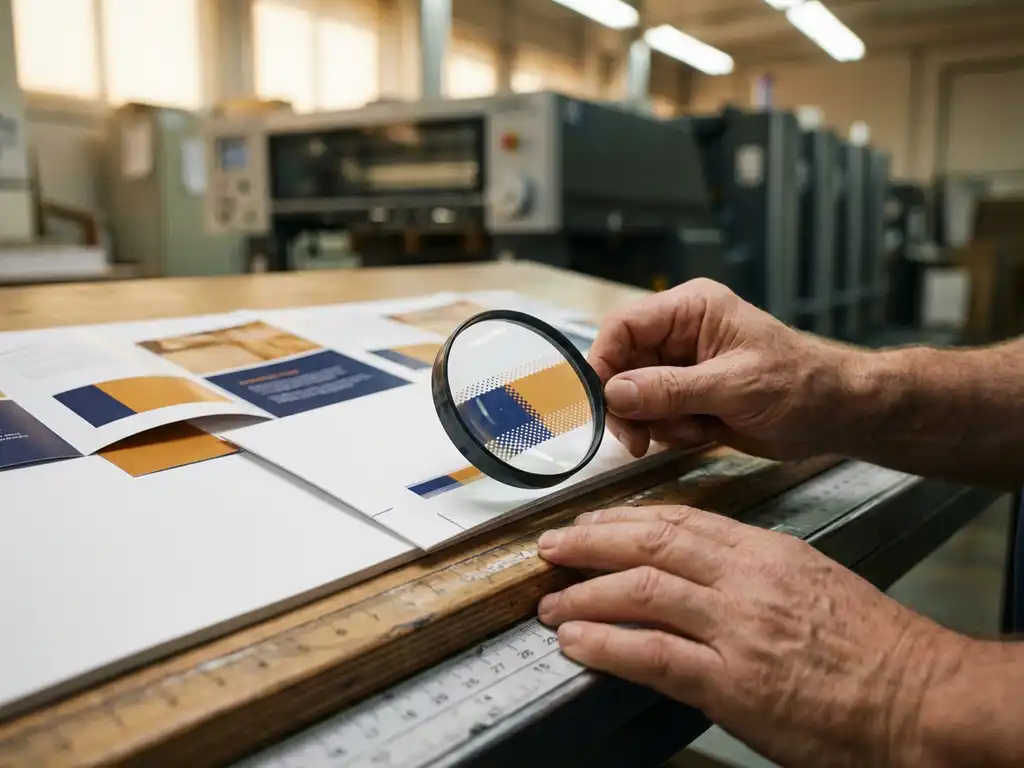 Drukker inspecteert kleurverschillen op verse brochure met vergrootglas op professionele kwaliteitscontrole werkplek