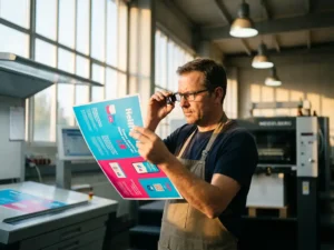 Drukker inspecteert kleurrijke flyer bij daglicht na printing op Heidelberg drukmachine in moderne drukkerij