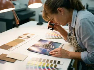 Drukker onderzoekt brochureproef met vergrootglas, omringd door kleurkalibratieschema's en papiermonsters op witte werkruimte
