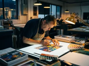 Professionele drukker inspecteert levendige flyers met vergrootglas op verlichte tafel, kleurrijke marketingmaterialen gestapeld