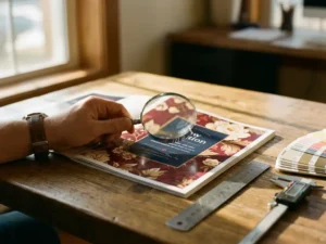 Hand houdt vergrootglas boven glanzende brochure op houten bureau, met kleurstalen en meetgereedschap, natuurlijk licht