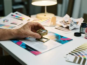 Drukker inspecteert kleurregistratie van brochure met vergrootglas, omringd door kleurstalen op witte tafel