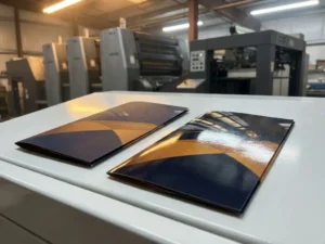 Twee identieke brochures op witte drukpersoppervlak, links mat afgewerkt, rechts glanzend, met industriële drukmachines op achtergrond