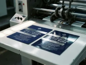 Twee identieke flyers op een witte drukpers, één met matte afwerking en één met glanzende afwerking die licht reflecteert