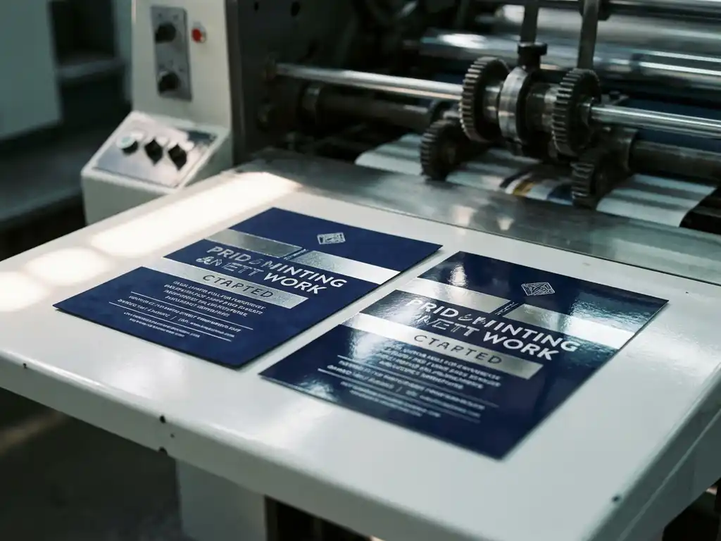 Twee identieke flyers op een witte drukpers, één met matte afwerking en één met glanzende afwerking die licht reflecteert