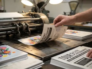Handen onderzoeken dubbelzijdige flyer met kleurrijke voorkant en zwarte tekst achterkant op professionele drukpers