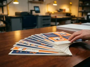 Stapel kleurrijke dubbelzijdige flyers uitgewaaierd op houten bureau met professionele drukapparatuur op achtergrond