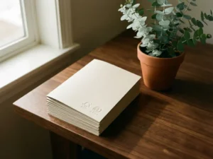 Stapel brochures met FSC en PEFC certificeringslogo's op walnotenhout bureau naast eucalyptusplant in natuurlijk daglicht