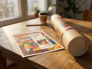 Kleurrijke A5 flyer op houten bureau naast grote posterkoker, levendige drukkwaliteit met warme natuurlijke belichting