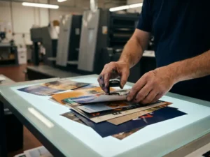 Vakkundige handen van drukker onderzoeken kleurrijke flyer samples op professionele lichttafel met drukpersen op achtergrond