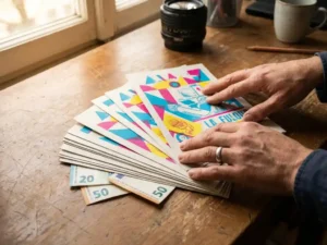 Grafisch ontwerper rangschikt kleurrijke flyers in waaierpatroon op houten bureau met eurobiljetten eronder
