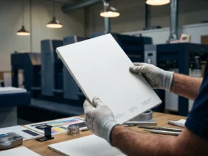 Professionele handen houden witte flyer vast bij moderne drukpers met kleurkalibratie-apparatuur op werkplek