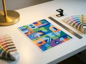 Professionele flyer op wit bureau omringd door ontwerptools zoals liniaal, kleurstalen en loep onder gouden bureaulamp