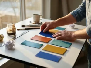 Ontwerper rangschikt kleurrijke flyer-voorbeelden op witte tekentafel met inktpotten en ontwerpgereedschap in gouden uurtje licht