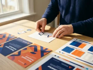 Ontwerper rangschikt flyer-elementen op wit bureau met kleurrijke drukproeven en kleurstalen in warm natuurlijk licht